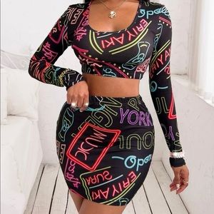 Graphic Letter Crop Top & Body Con Skirt